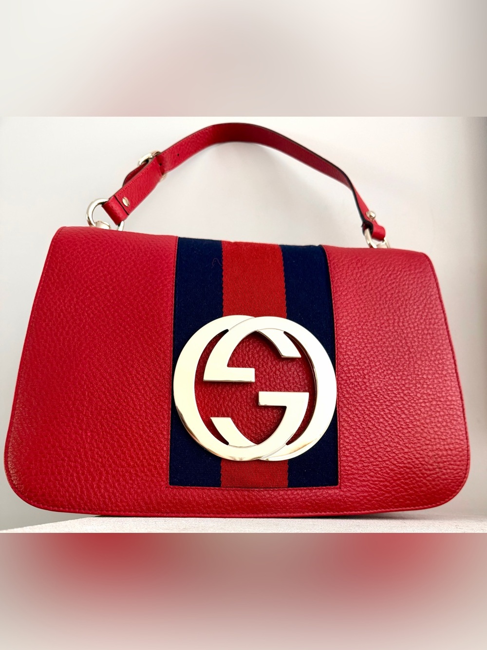 GUCCI RARE Vintage Red Leather Web Stripe Oversized GG Shoulder Bag